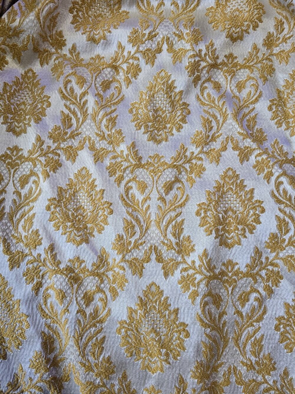 Pair Vintage Gold White Damask Brocade Austrian Curtains Valances Hollywood...